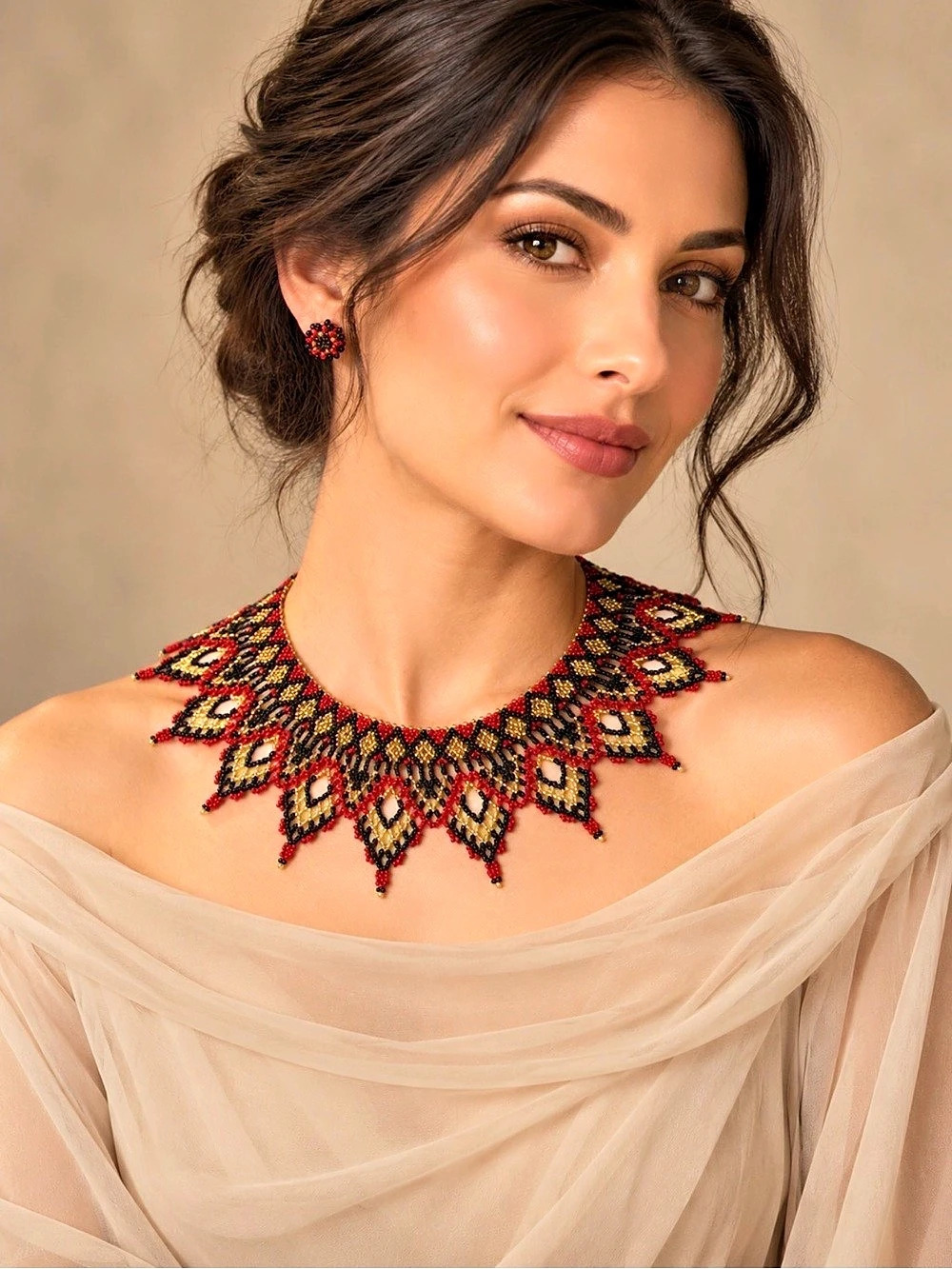 Handmade Red, Black & Gold Beaded Collar Necklace Set